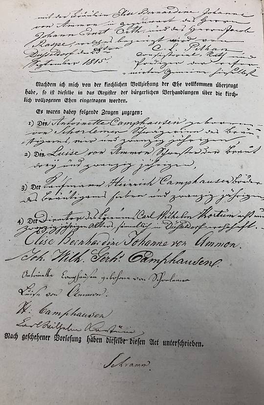 Trauzeugen bei der Eheschließung zwischen Johann Wilhelm Gerhard Camphausen und Elise Bernardine Johanna von Ammon (LA NRW R, Regierung Düsseldorf, Heiraten 1815.) LAV_NRW_R_PA_2103_Duesseldorf_H_1815_Nr._142__2_.JPG