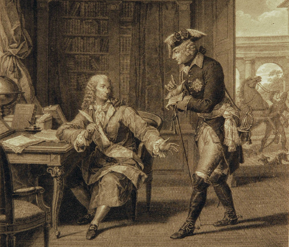 Kupferstich: Friedrich der Große und Voltaire